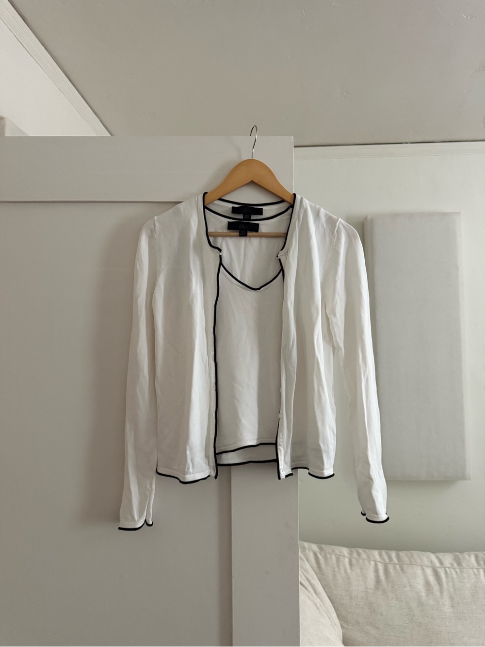 White Cardigan and Tank Top with Black Trim (2 pieces) worn twice